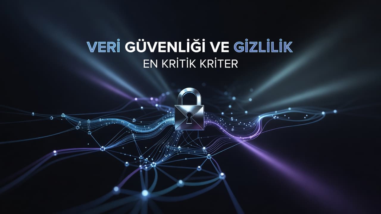 Karanlık bir arka planda parlayan modern kilit sembolü, ağ yapılarını temsil eden mavi ve mor ışık hüzmeleriyle çevrilidir. Net hatlara sahip teknolojik kompozisyon, profesyonel bir siber güvenlik atmosferi oluşturur.