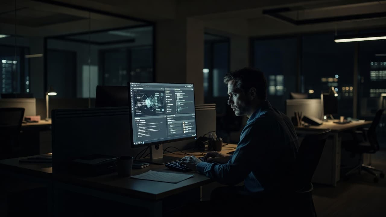 A focused professional sits at a dark desk in a dimly lit office, intently watching a bright monitor screen while typing code and interface elements that are not sanctioned by IT.