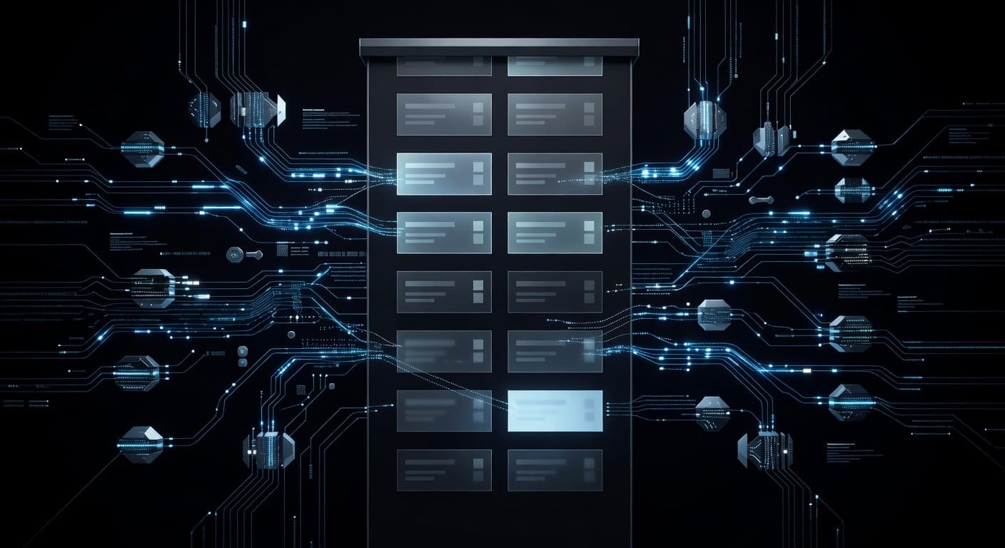 A sleek website interface features content blocks cascading downward with cinematic lighting. Background layers reveal glowing data nodes and interconnected digital streams representing complex technical SEO structures and server-side loading processes.