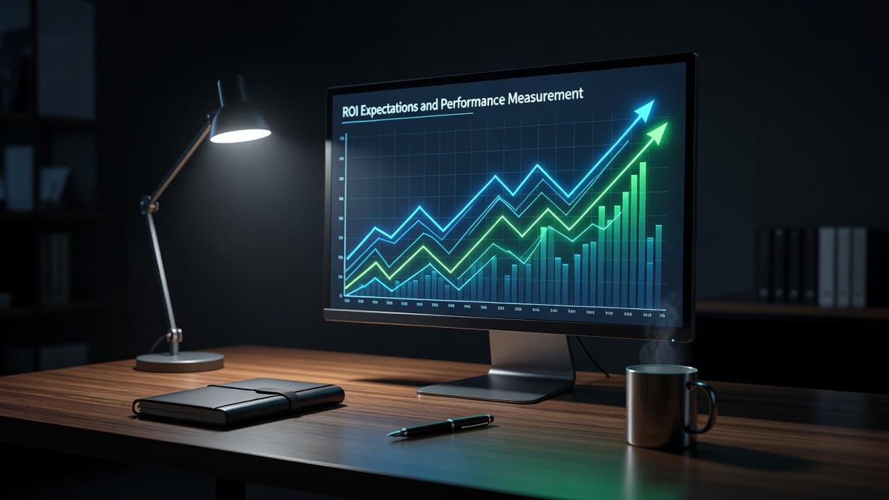 A high-contrast computer monitor displays vivid upward-trending financial charts and data analytics. The professional mahogany desk features a soft glow that highlights the strategic metrics and investment growth patterns shown.
