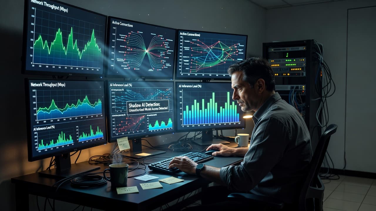 A focused professional observes glowing digital charts and complex data visualizations on multiple screens. The dark, modern office environment is illuminated by the soft blue light of active network displays.