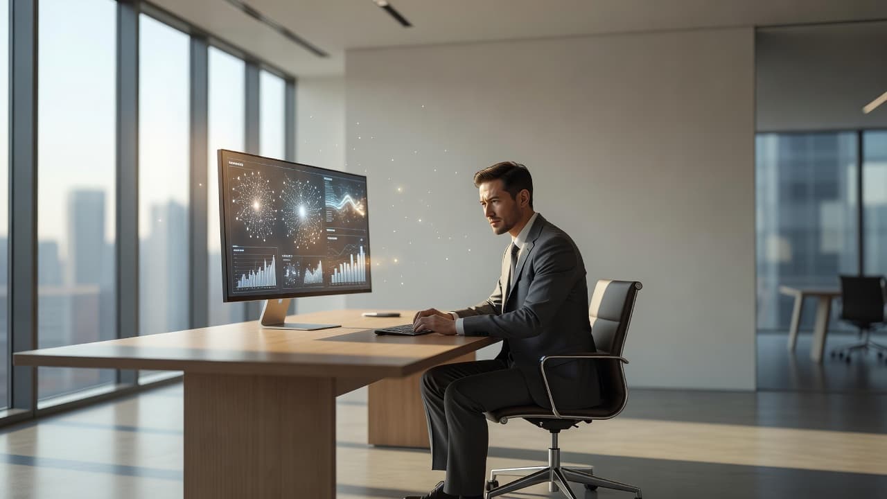 Minimalist bir çalışma alanında masasına oturan profesyonel bir çalışan, geniş pencerelerden süzülen yumuşak gün ışığı altında bilgisayar ekranındaki karmaşık verileri dikkatle inceliyor. Odanın genelinde sade ve ferah bir atmosfer hakim.
