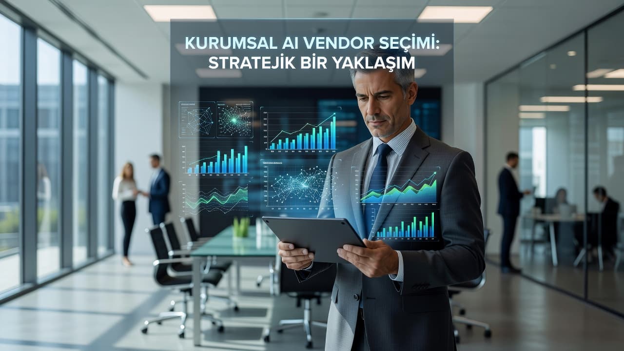 Şık bir yönetici, modern ofis ortamında elindeki tablet ekranında yer alan karmaşık dijital veri grafiklerini dikkatle inceliyor. Arka planda ise hafif bulanık bir kurumsal çalışma alanı ve teknolojik ağlar görülüyor.