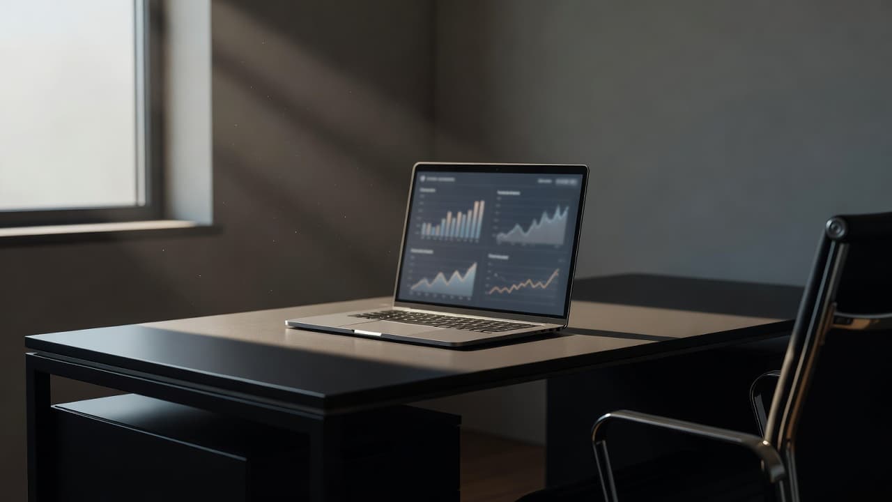 A sleek professional desk features a laptop with blurred analytical charts displayed on the screen. Natural sunlight streams through a nearby window, creating deep shadows across the clean, cinematic workspace surface.