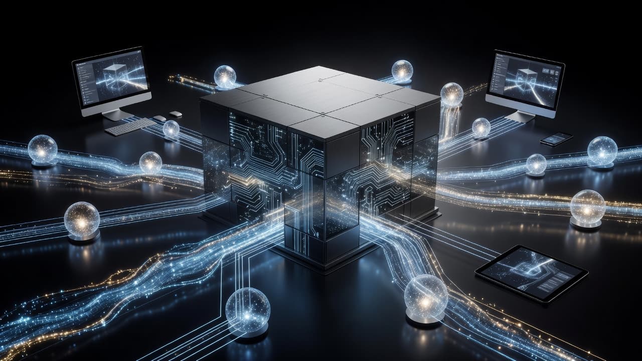 Glowing digital nodes connect a central data repository to various floating devices in a dark space. Fine lines of light represent the rapid flow of information across a complex network.