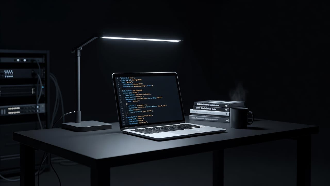 A sleek silver laptop rests on a dark minimalist desk, illuminated by a focused spotlight against a deep shadow. Intricate code lines are subtly visible on the screen during nighttime.