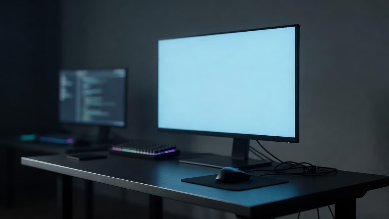 A dark, atmospheric office desk features a glowing monitor casting soft light across a minimalist surface. The background remains blurred, emphasizing a clean and professional environment optimized for high-end coding tasks.