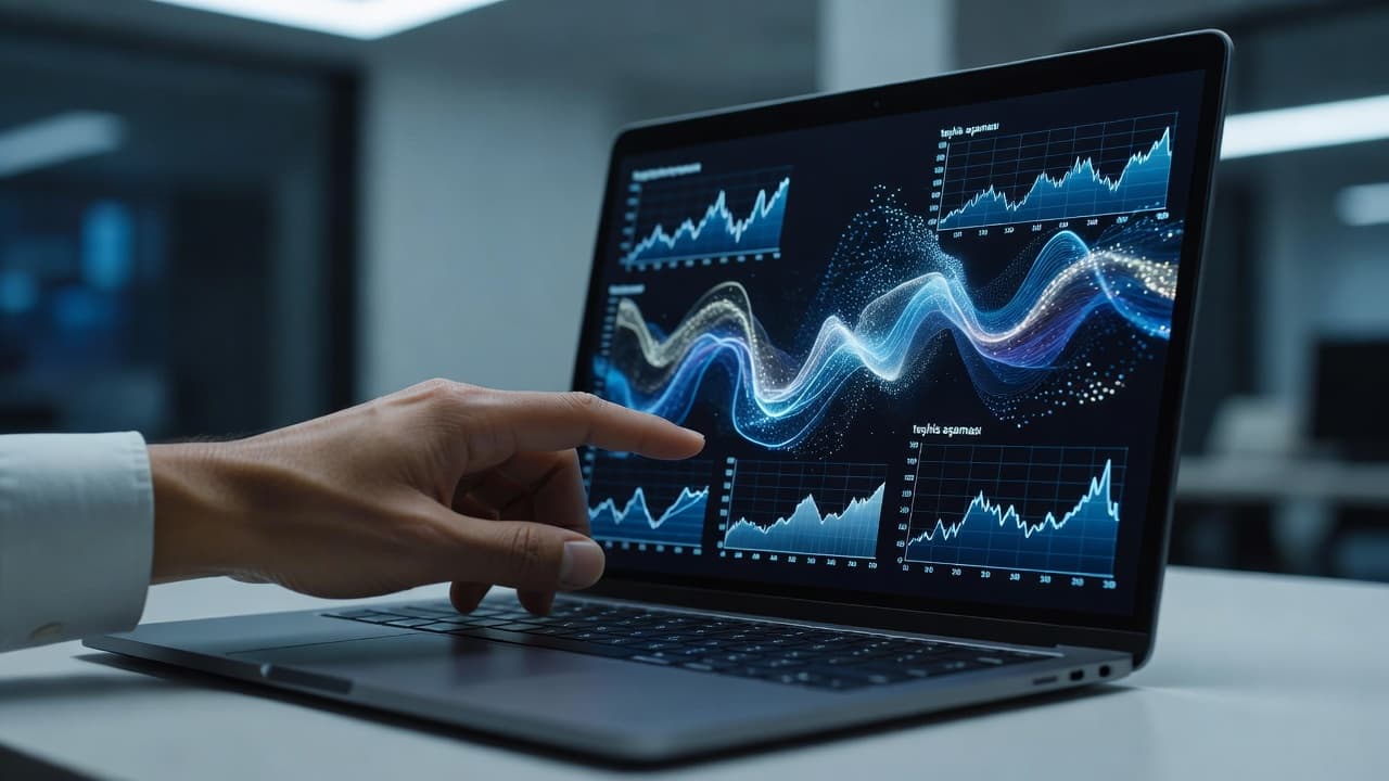 A close-up view of a professional hand touching a sleek laptop screen displaying glowing abstract performance graphs. Soft ambient lighting highlights the professional workspace and precise technical data visualization process.
