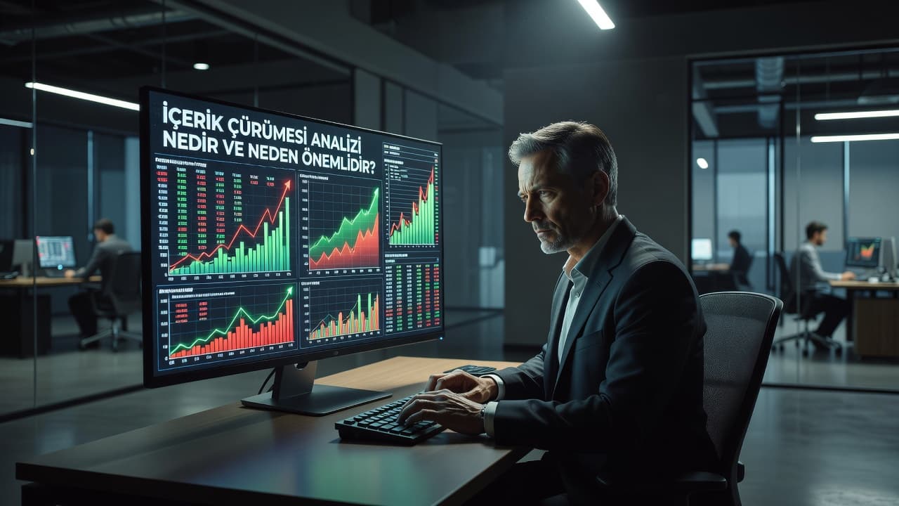 A focused professional sits before a bright monitor displaying complex data trends and rising charts. The cinematic office environment features deep shadows and sharp contrasts that emphasize the analytical work process.