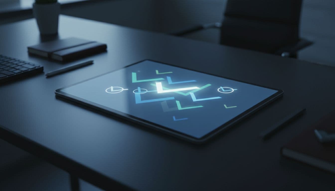 A sleek dark notebook rests on a polished surface, illuminated by a soft, directional blue light. Abstract luminous checkmarks float above the surface, highlighting a professional approach to digital safety protocols.