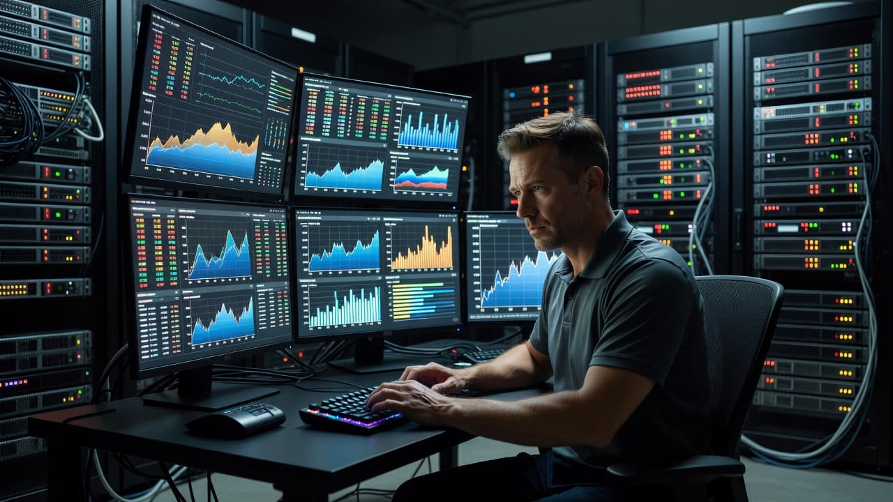 A focused IT specialist reviews live server performance metrics on a glowing monitor within a dimly lit data center. Blue and white data streams cast shadows against the industrial rack hardware.