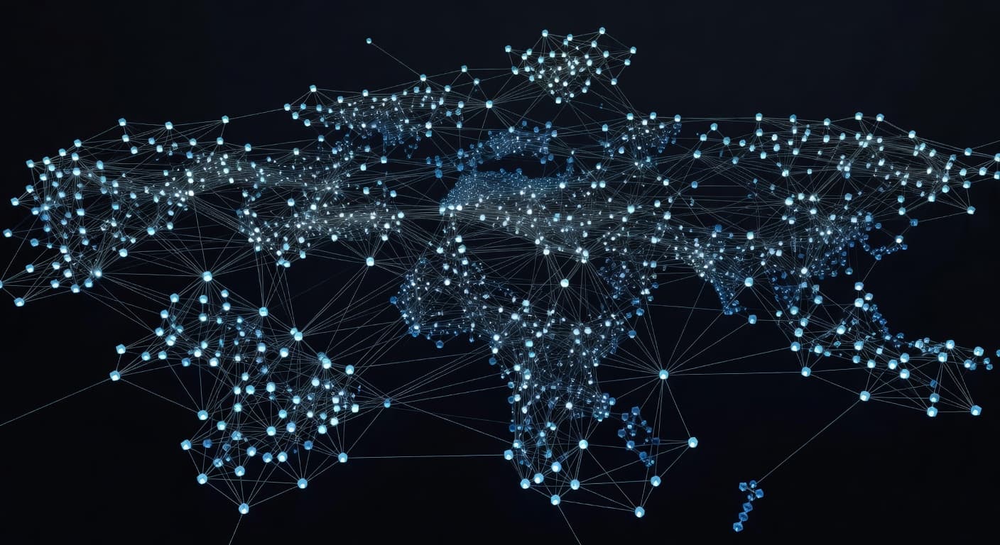 A complex network of glowing data nodes interconnected by thin lines glows against a dark background. This digital map illustrates the structural hierarchy of a large-scale website architecture and navigation paths.