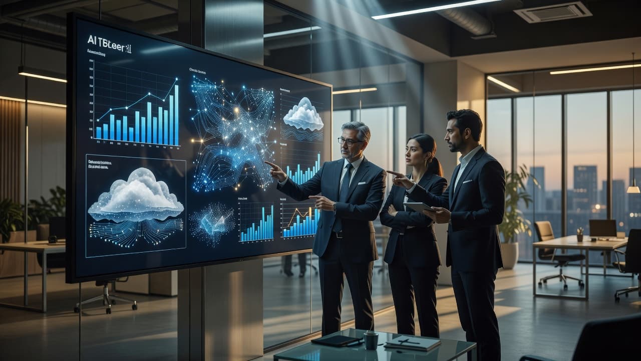 Business professionals gather around a large, glowing interactive touchscreen displaying complex data charts and network diagrams. The high-tech, sunlit office features modern architectural lines and a focused, collaborative atmosphere.