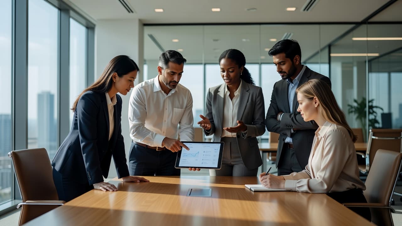 A diverse group of professionals gathers around a sleek table, focusing intently on a tablet screen that displays complex data visualizations. Warm sunlight streams through large glass office windows nearby.