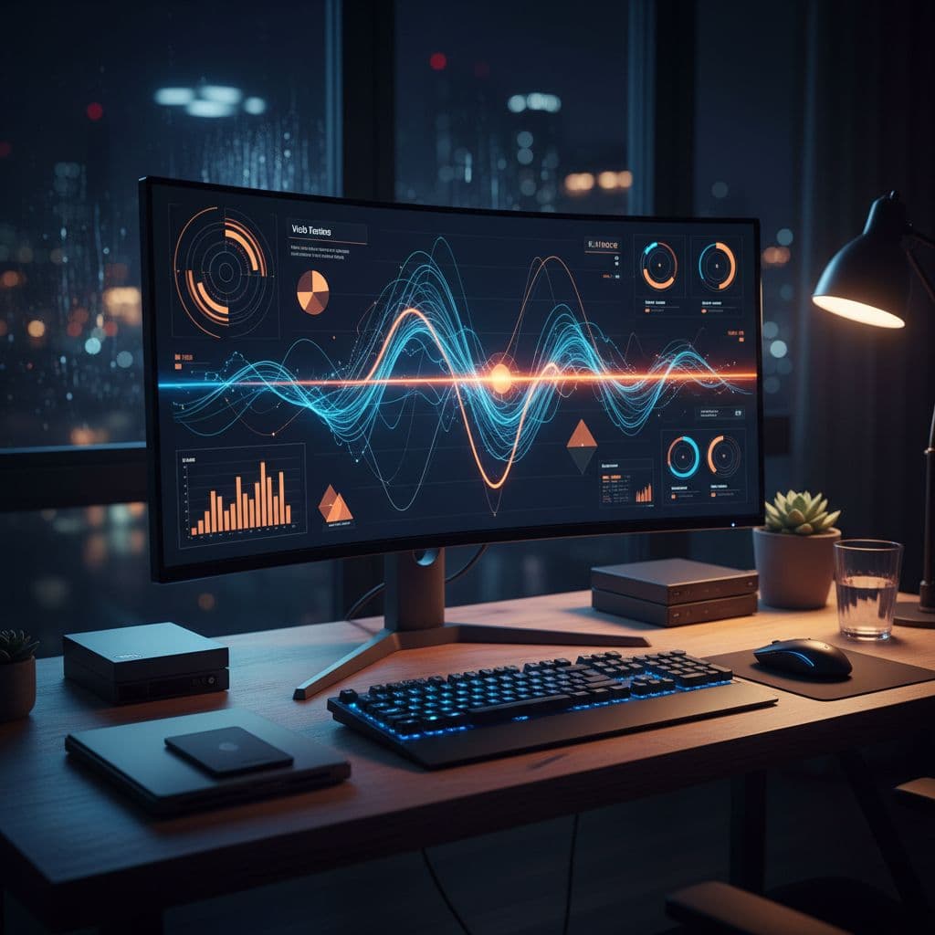 A modern computer monitor displays vibrant orange and blue abstract data charts inside a dimly lit office. The scene features dramatic high-contrast lighting that illuminates the desk setup and workspace equipment.