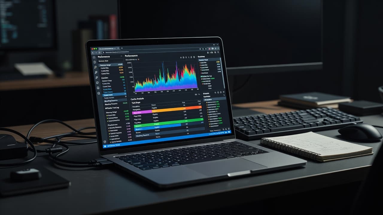 A developer laptop screen displays intricate browser devtools with performance panel graphs and cache analysis metrics visible. Low lighting creates a cinematic atmosphere focused on the detailed debugging interface and desk.