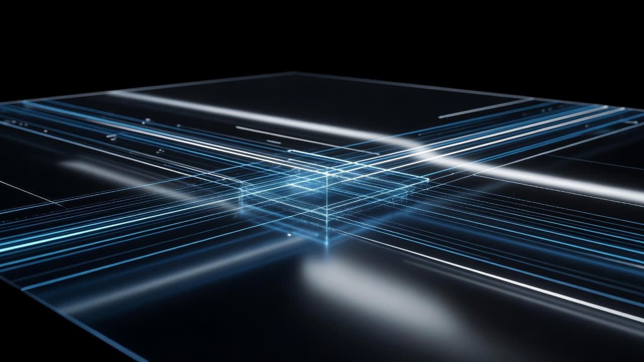A sleek digital interface displays glowing abstract data streams and rhythmic geometric lines. The high-contrast aesthetic highlights rapid movement and technological efficiency through sharp focus and dramatic, cool-toned cinematic lighting.