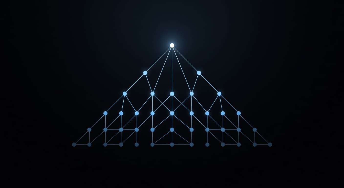 Glowing nodes branch out from a central point, forming a complex hierarchical network of interconnected lines against a deep dark background. This digital map illustrates internal site link structures clearly.