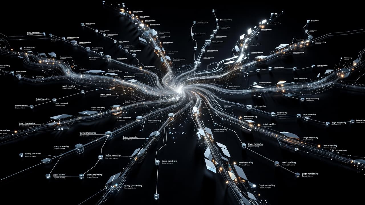 Glowing nodes and interconnected lines form a complex network diagram against a dark background. Vibrant blue and orange pathways highlight search results flowing through various site pages and structural architecture.