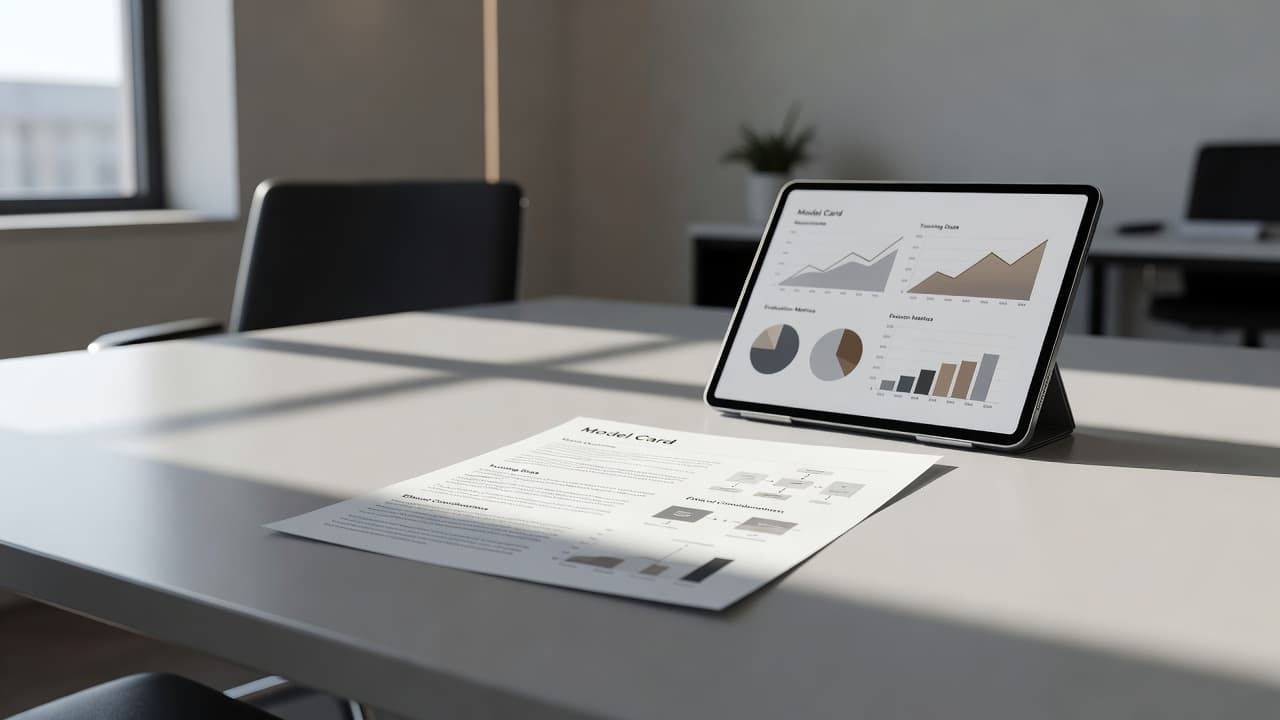 Modern ofis masası üzerinde duran Model Kartı başlıklı basılı belge, dijital tablet ve veri grafikleriyle yan yana duruyor. Güneş ışığı çalışma alanına vurarak profesyonel ve düzenli bir kurumsal atmosfer oluşturuyor.