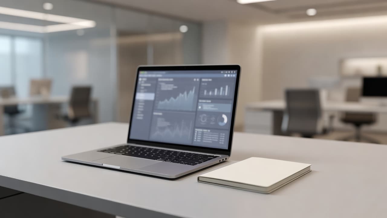 Masa üzerinde laptop ve not defteri bulunan profesyonel bir ofis çalışma alanı.