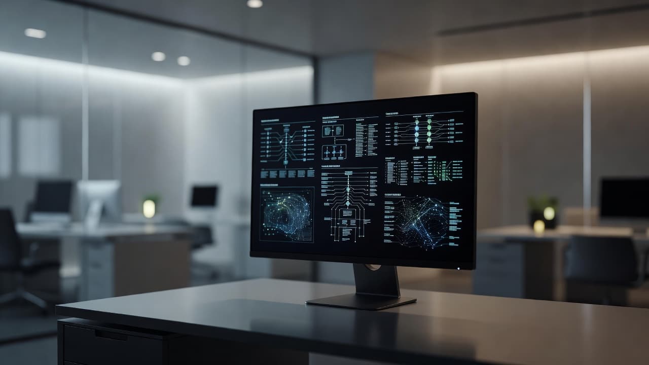 Parlak bir ofis masasında duran monitör ekranında karmaşık veri yapıları ve ağ grafikleri görüntüleniyor. Arka planda bulanık şekilde görünen profesyonel çalışma ortamı, modern bir dijital güvenlik yönetimi sürecini simgeliyor.