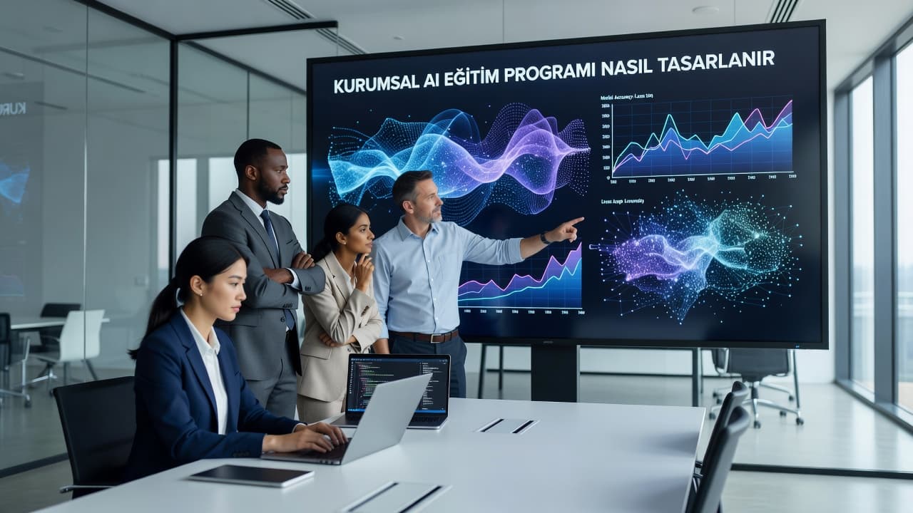 Dört profesyonel, modern bir ofis ortamında büyük ekrandaki veri görselleştirmelerini inceleyerek yapay zeka eğitimi alıyor. Masadaki dizüstü bilgisayar ve dikkatli çalışanlar kurumsal öğrenme sürecini başarıyla yansıtıyor.