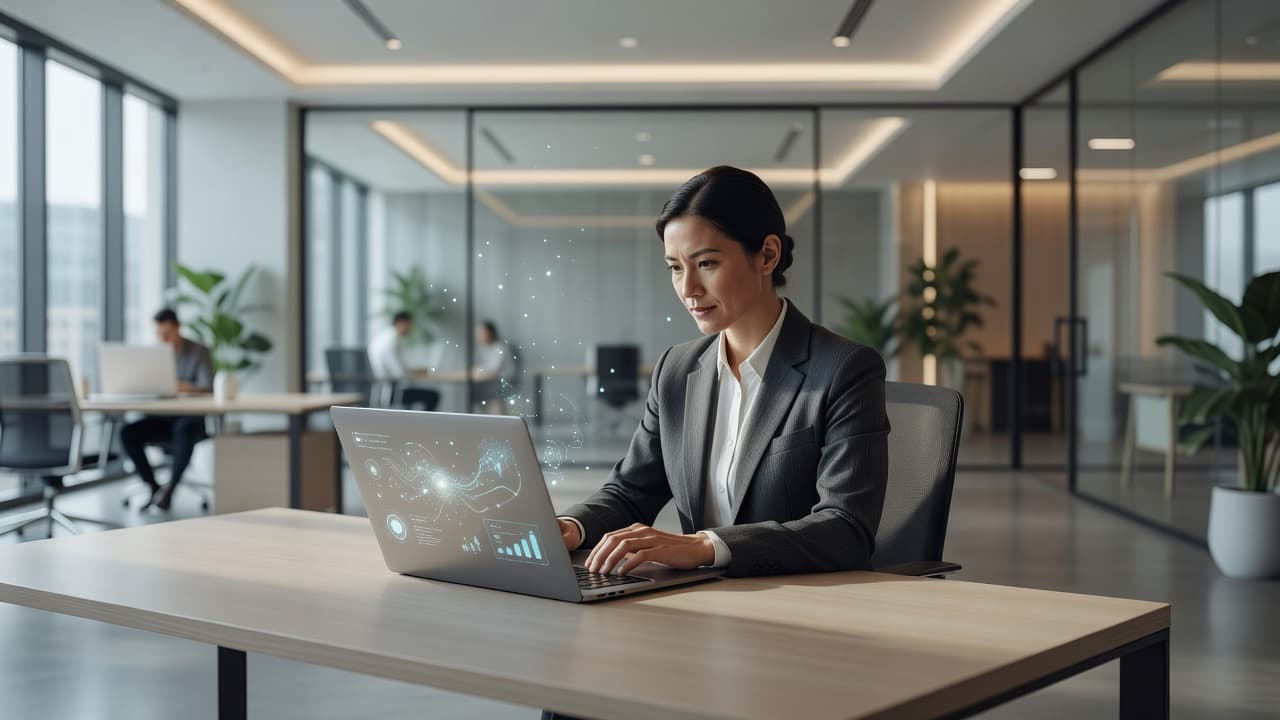 Modern bir ofis masasında oturan profesyonel bir çalışan, dizüstü bilgisayarındaki temiz arayüzle etkileşime giriyor. Yumuşak ışıklandırma sayesinde odaklanmış bir çalışma atmosferi ve derinlik algısı ön planda tutulmuş.