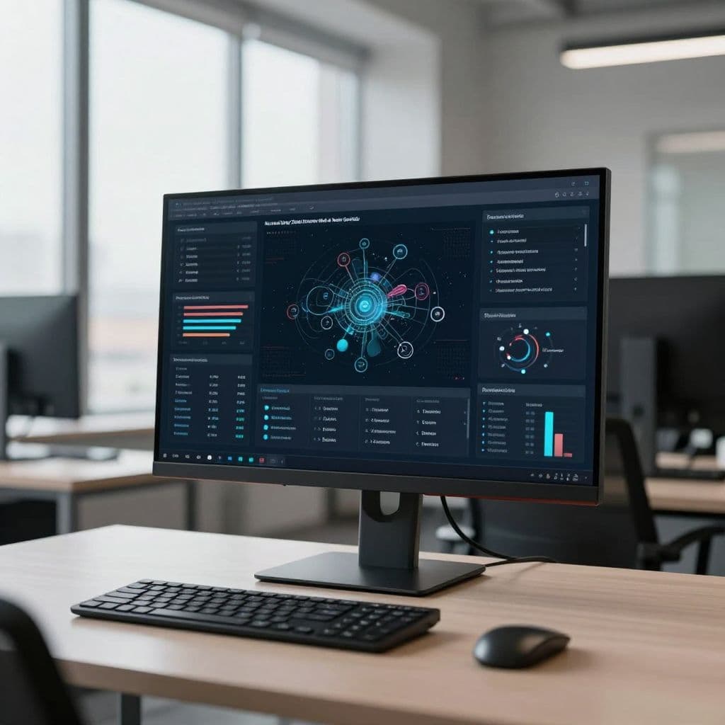 Şık bir masanın üzerinde duran monitörde karmaşık veri görselleştirme grafikleri yer alıyor. Yan taraftan gelen yumuşak gün ışığı, çalışma ortamını aydınlatarak profesyonel bir atmosfer ve derinlik hissi yaratıyor.