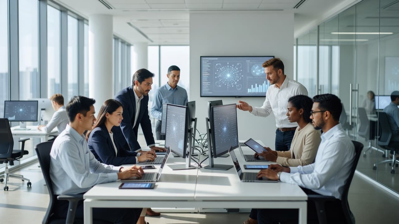 Modern bir ofis ortamında büyük ekranlar başında stratejik projeler üzerinde çalışan profesyonel bir ekip görülüyor. Doğal gün ışığı ile aydınlatılan ferah çalışma alanında şık mobilyalar ve yüksek teknolojili ekipmanlar dikkat çekiyor.