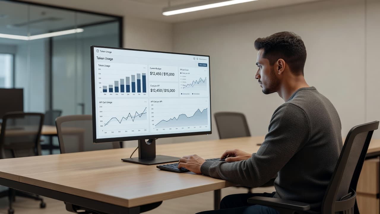 Bir yazılım mühendisinin API masraflarını ve token kullanımını izlediği modern monitör ekranı.