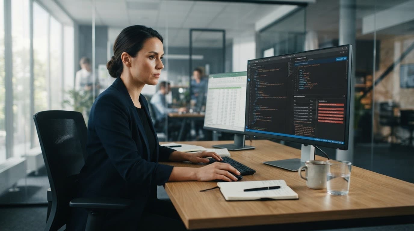 Bir uzman, modern monitörde ürün verilerini ve kodu inceliyor.