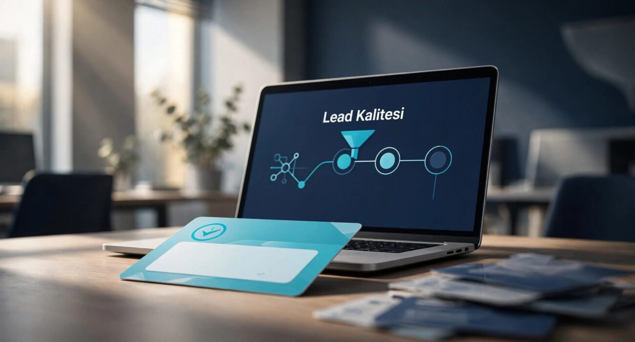 Laptop ekranında nitelikli lead kartı ve elenen kartlarla LinkedIn Ads analizi görülüyor.