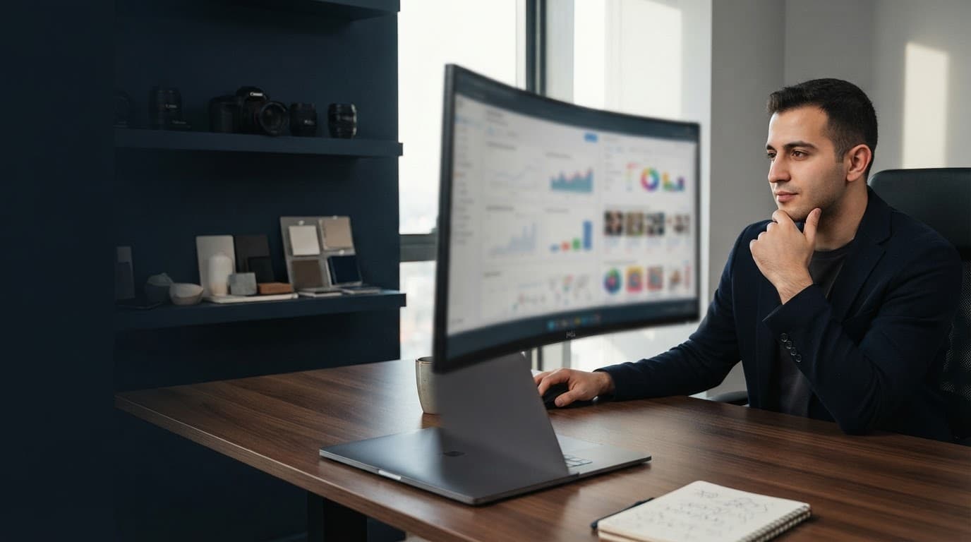 SEO uzmanı, ofiste büyük monitörde görsel performansı inceliyor.