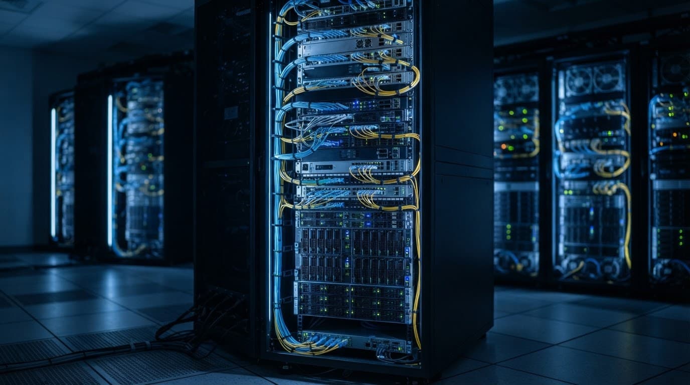 Mavi ışıklarla aydınlatılmış sunucu rafı ve parlayan fiber optik kablolar.