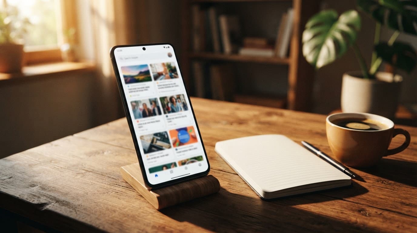 Ahşap masada, yanında defter ve kahve bulunan bir akıllı telefon.