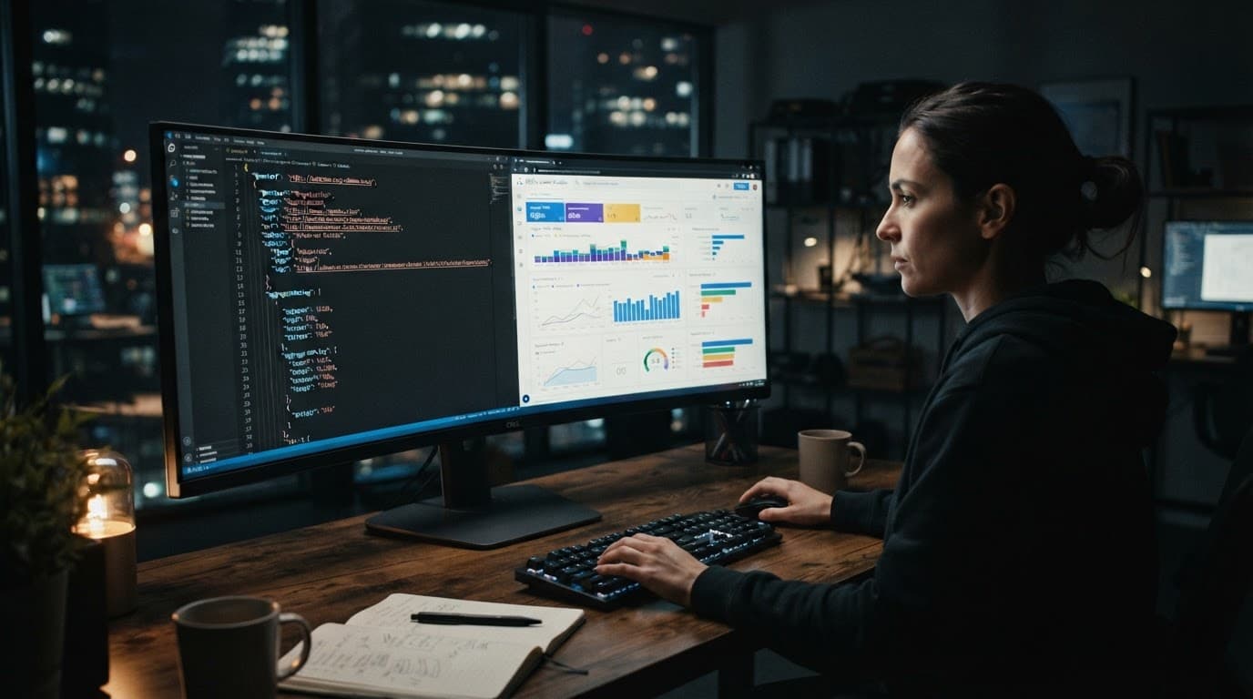 Karanlık ofiste yapılandırılmış veri kodu gösteren bir bilgisayar monitörü.