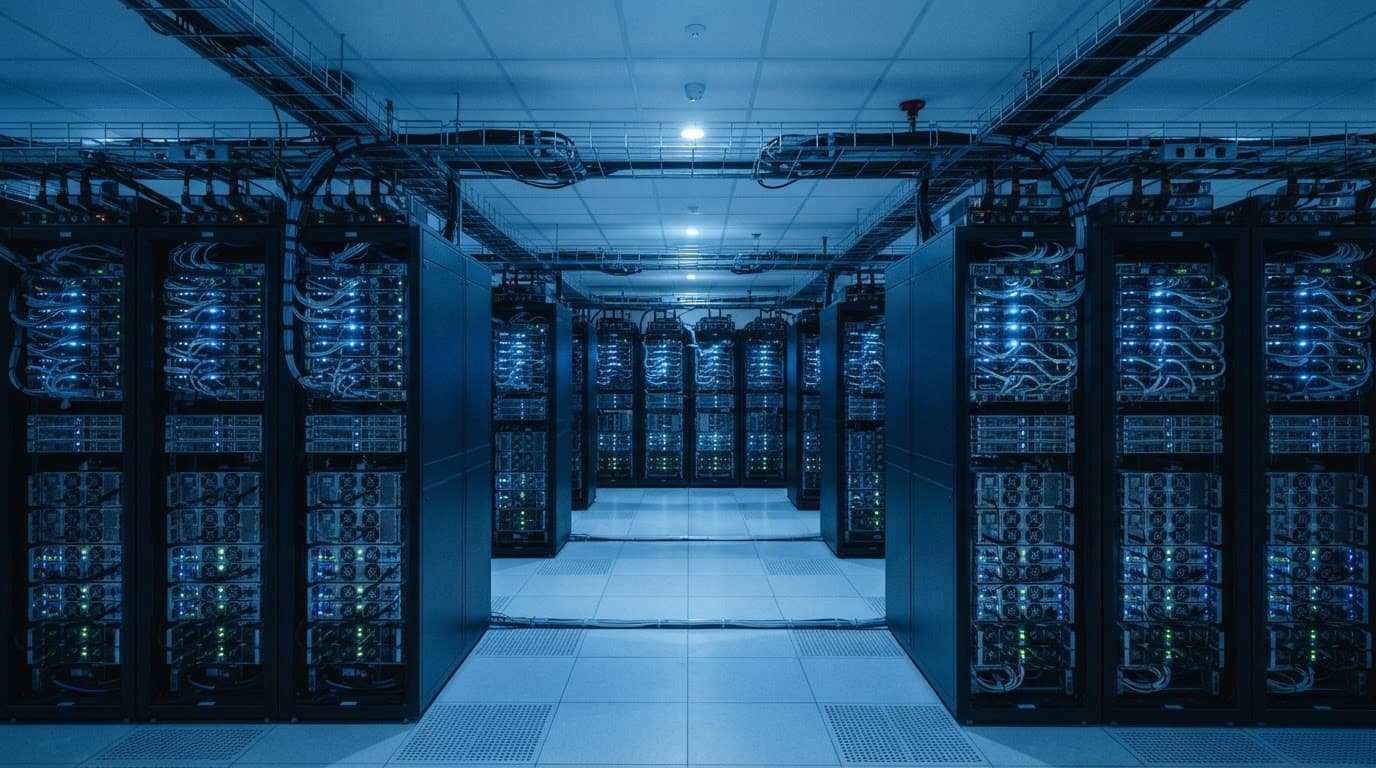 Mavi ışıkla aydınlanan GPU sunucu rafları