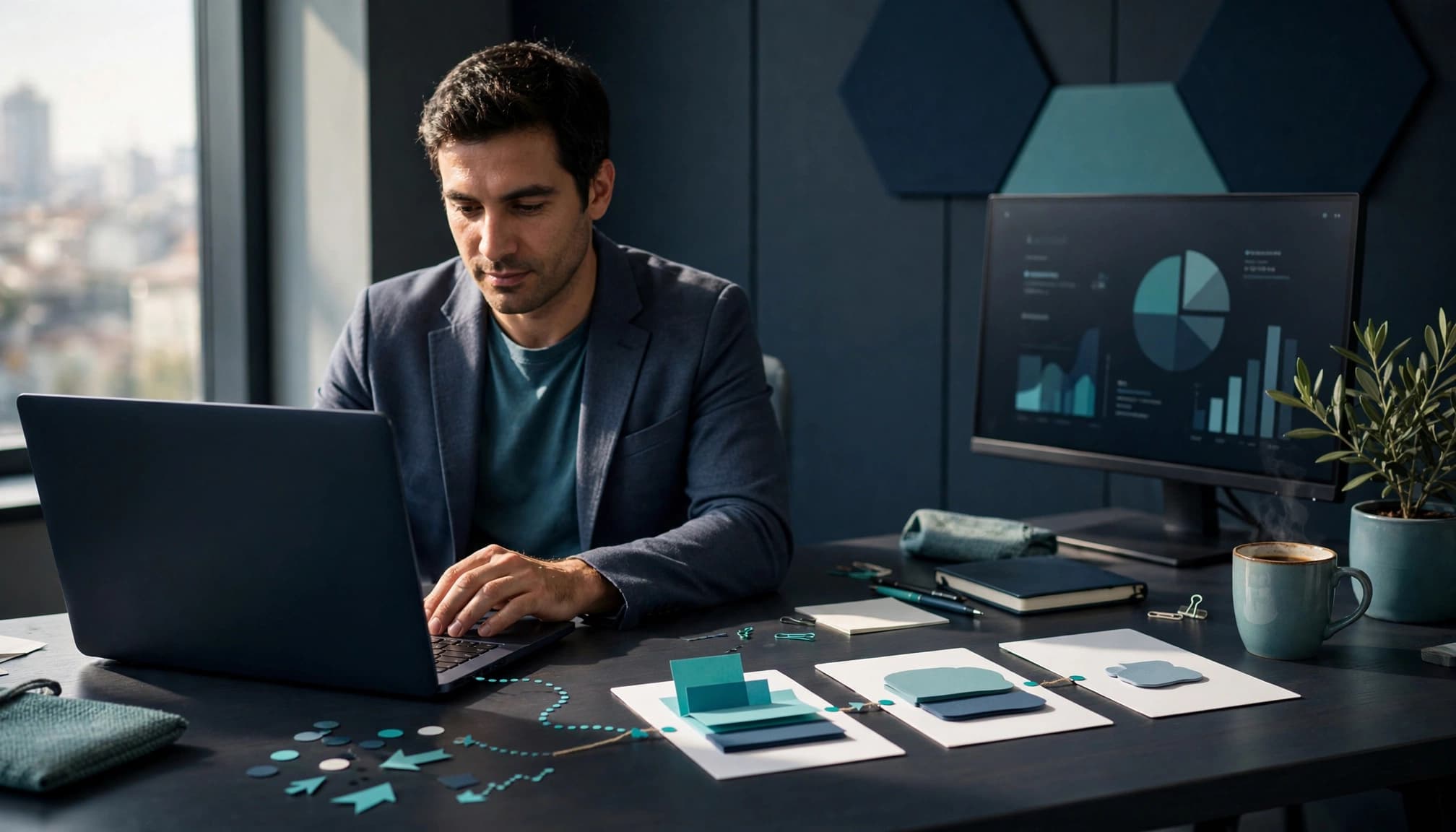 Bir pazarlama uzmanı, laptop yanında soyut CRM verileri ve satış önceliği kartlarını inceliyor.