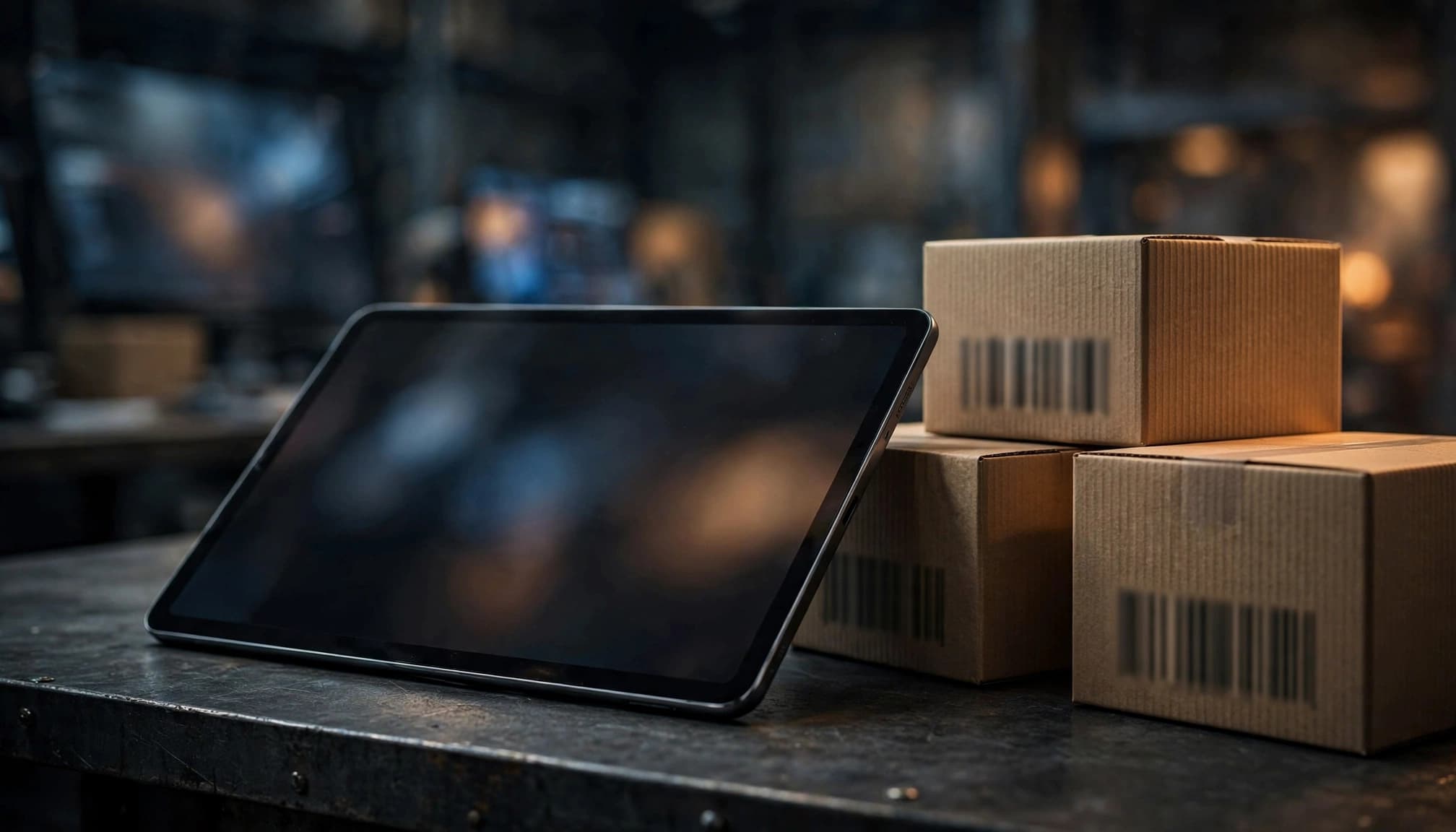 Endüstriyel tezgahta tablet ve okunmayan işaretlere sahip sevkiyat kutuları.