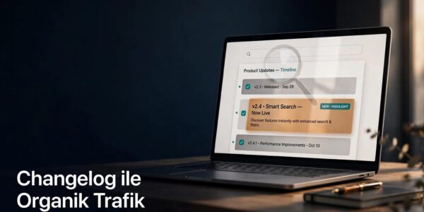Dizüstü bilgisayar ekranında vurgulanmış bir özellik kartıyla ürün güncelleme zaman çizelgesi var.