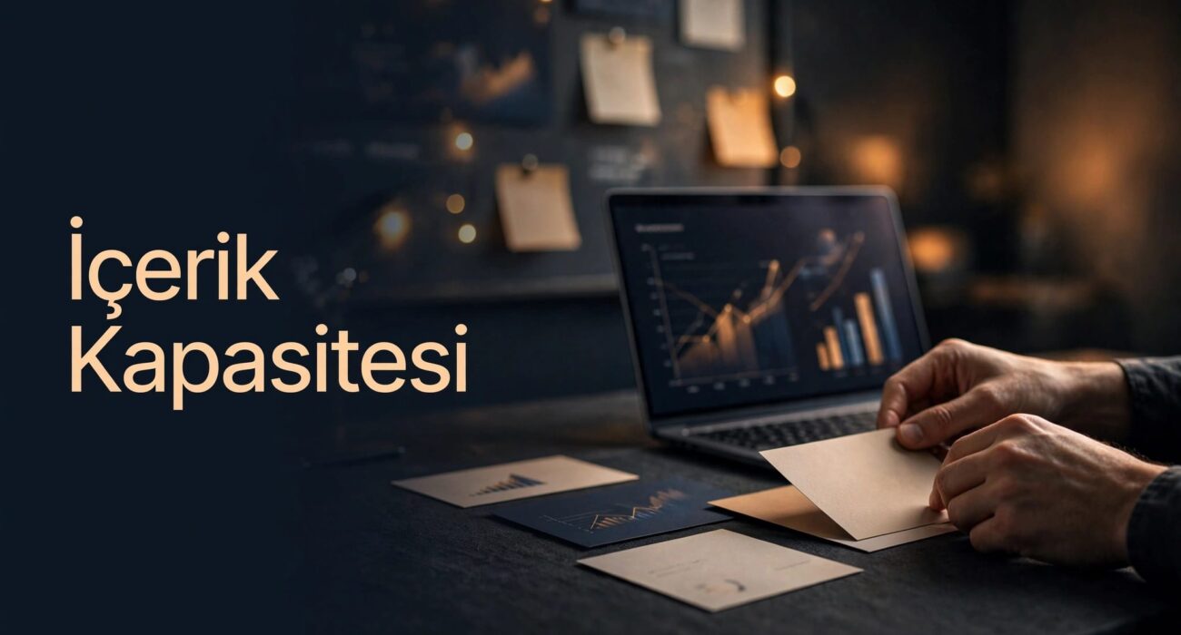 İçerik kartları, SEO grafikleri gösteren dizüstü bilgisayar ve arkada planlama panosu bulunan çalışma masası.