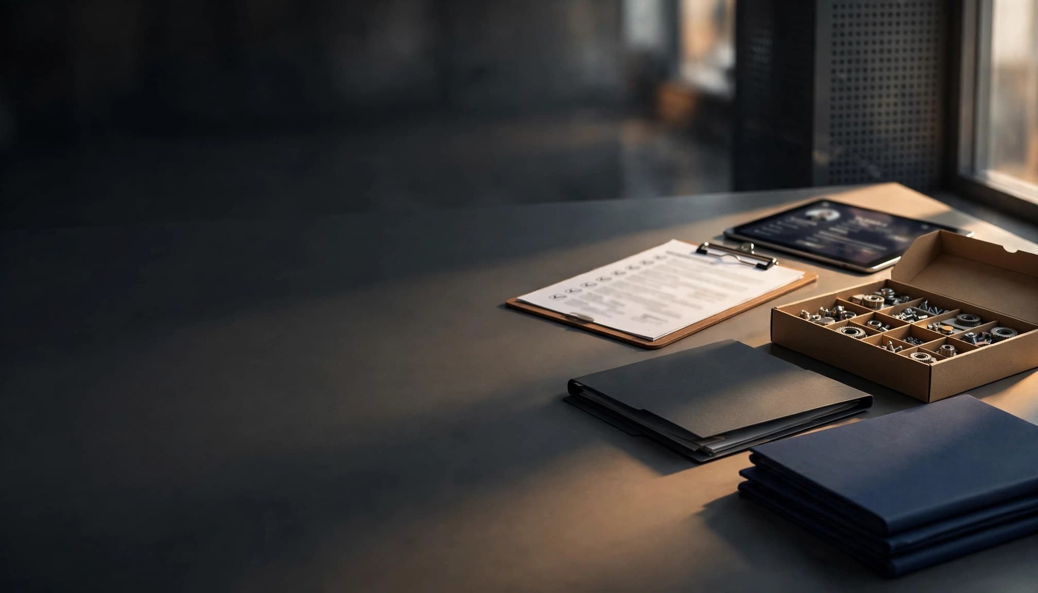 Masada tedarikçi dosyası, sertifika klasörleri, ürün kutusu ve bulanık profilli tablet bulunuyor.