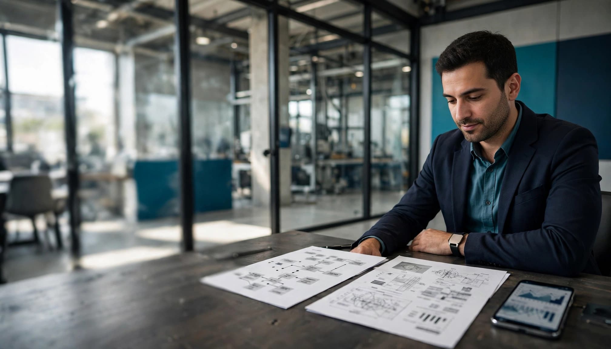 Bir iş yöneticisi, teknik belgeler ve bulanık grafik gösteren telefonla toplantı odasında oturuyor.