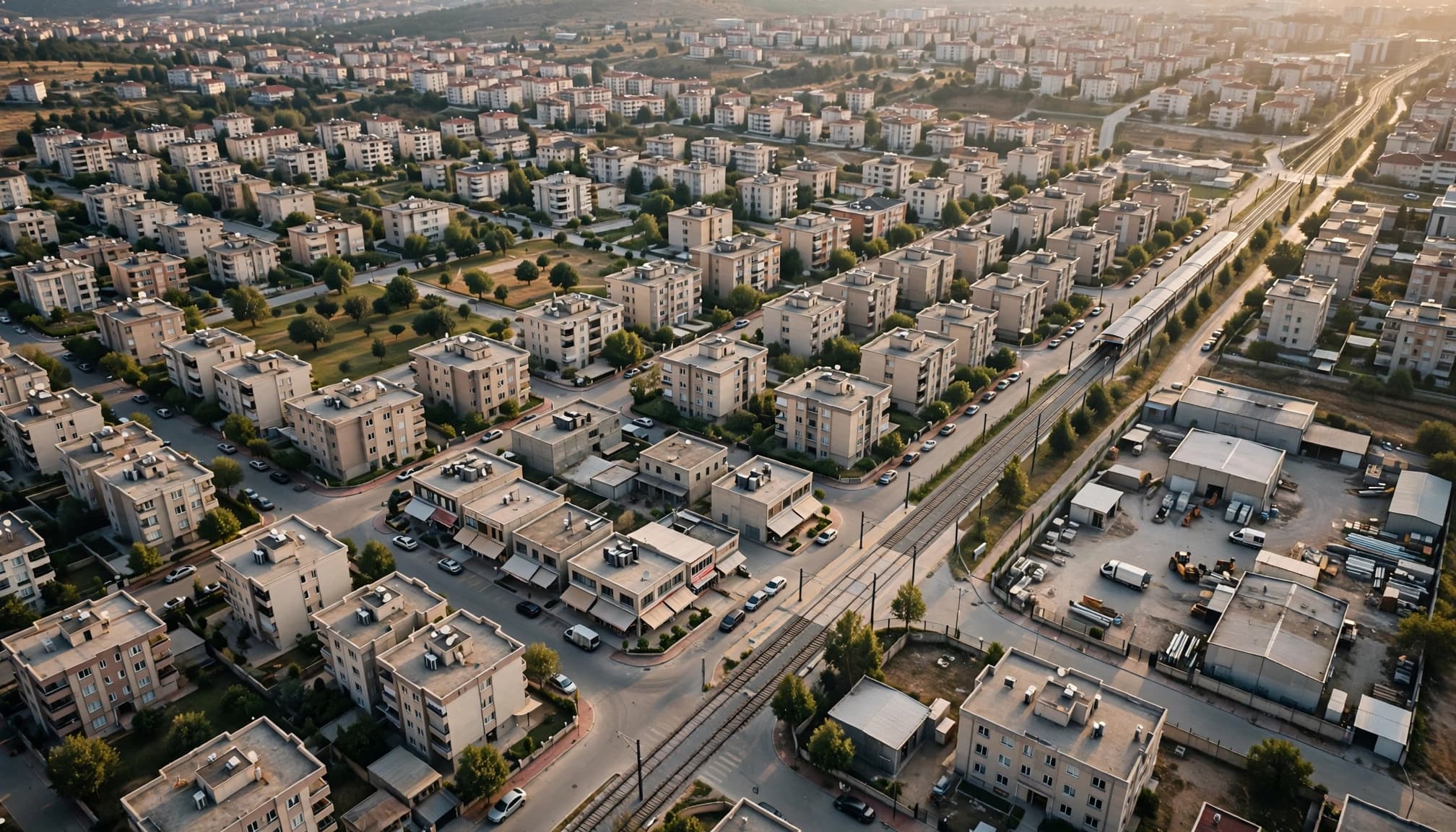 Hafif eğimli havadan çekilen bir açıdan görünen konut blokları, yollar ve tren hattı.