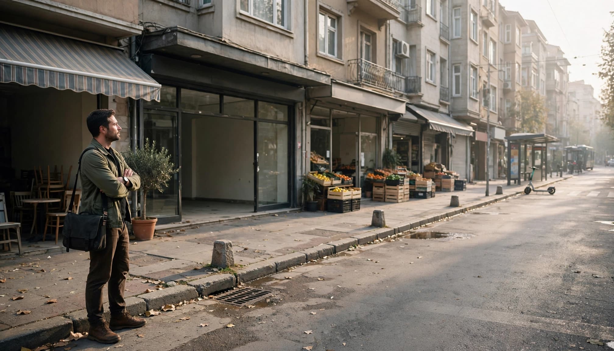 Sokakta durmuş dükkan inceleyen bir adam.