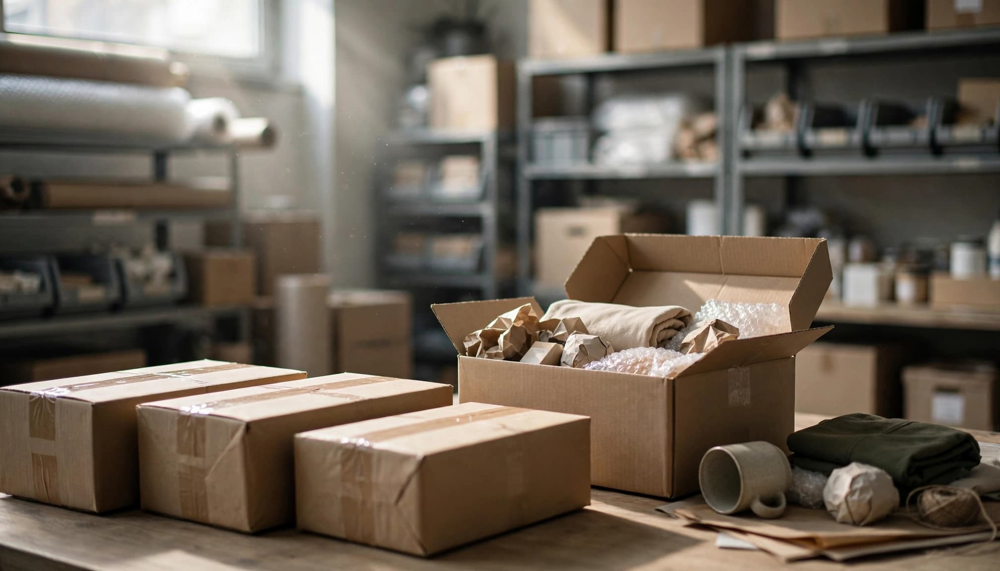 Depoda paketlenmiş koliler ve açık bir koli içinde ambalaj malzemeleri.
