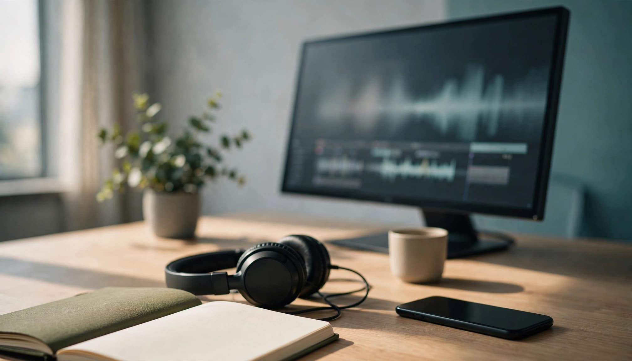 Monitörde webinar zaman çizelgesi, önünde defter, kulaklık ve telefon var.